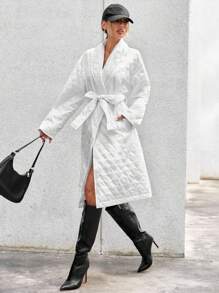 SHEIN Essnce Drop Shoulder Open Front Quilted Coat - White - View 2