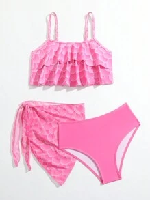 Conjunto de bikini con volantes en el bajo y falda de playa para niña preadolescente - Rosa - Ver 5