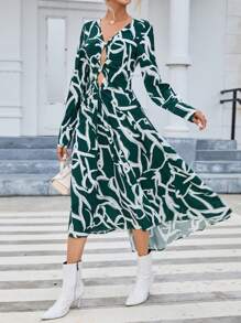 SHEIN Privé Allover Print Cut Out Knot Front Dress - Green - View 4