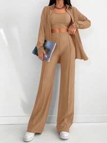 1pc Solid Button Front Shirt & 1pc Wide Leg Pants - Khaki - View 1