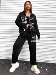 SHEIN Unity 反光蜘蛛網印花落肩袖連帽衫和運動褲 - 黑色 - 查看 4