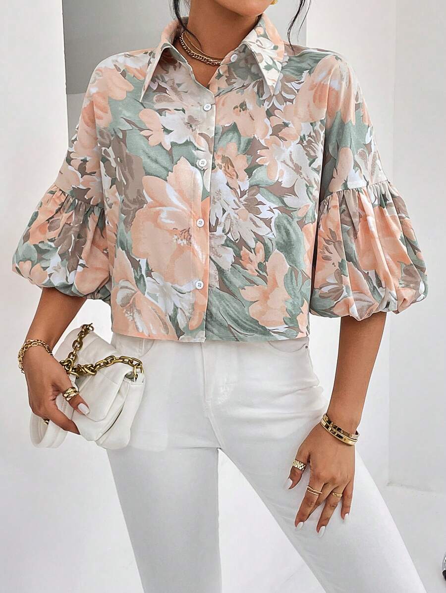 SHEIN Privé Áo sơ mi tay đèn lồng họa tiết hoa, Áo tay ba phần tư - Nhiều màu - Xem 1