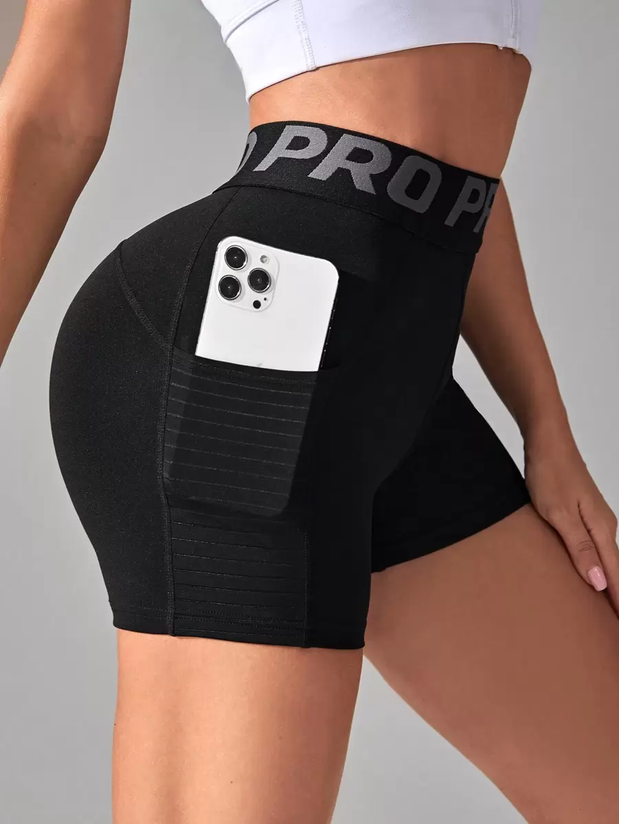 Easithlete Letter Tape Waist Sports Shorts With Phone PocketWomen Sweat Short, Gym Short, Biker Short - Black - View 1