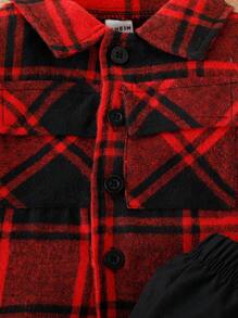 男婴格子印花翻盖口袋夹克和裤子（不含 T 恤），适合圣诞节男婴格子套装 - 紅色 - 查看 5
