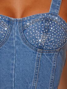 SHEIN BAE Rhinestone Chi tiết Viền không đối xứng Tops Denim - Rửa trung bình - Xem 6