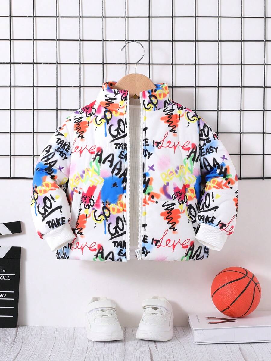 SHEIN 男婴涂鸦印花拉链夹棉外套 - 彩色 - 查看 1