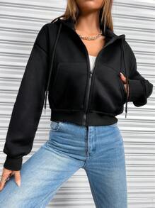 SHEIN Unity 字母图案落肩连帽套头衫秋季卫衣 - 黑色 - 查看 3