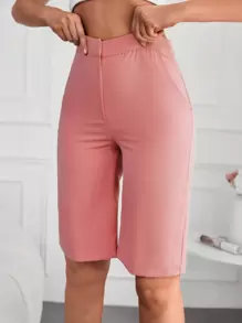 EURMUSE Solid Slant Pocket Bermuda Shorts - Baby Pink - View 3