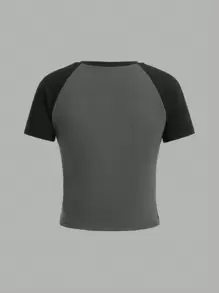 SHEIN EZwear Women's Letter Print Contrast Color Round Neck Raglan Short Sleeve Casual T-Shirt - Multicolor - View 2