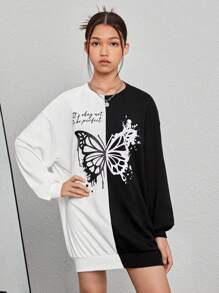 Teen Girl Butterfly Print Two Tone Drop Shoulder Sweatshirt Dress - Black and White - View 1
