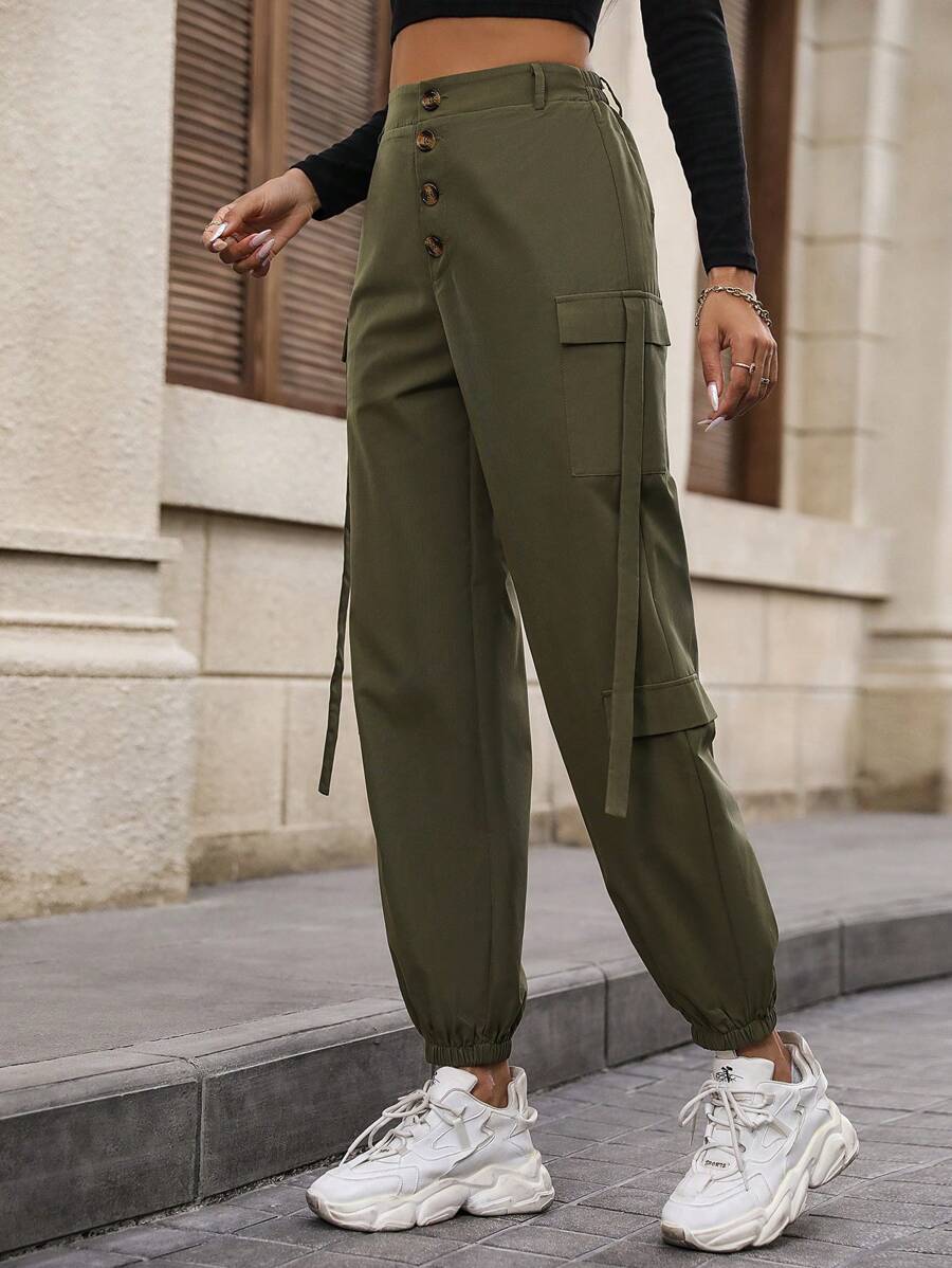 SHEIN Unity Button Fly Flap Pocket Side Cargo Pants - Dark Green - View 1
