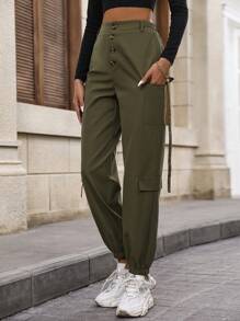 SHEIN Unity Button Fly Flap Pocket Side Cargo Pants - Dark Green - View 4