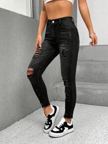 SHEIN PETITE Ripped Raw Hem Skinny Jeans - Black - View 5