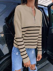 SHEIN Unity Suéter de punto con cremallera media y hombros caídos, con patrón de rayas, para otoño e invierno - Caqui - Ver 3