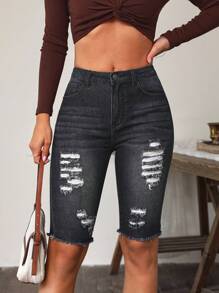 Ripped Raw Hem Denim Shorts - Black - View 1