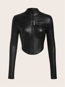 SHEIN ICON 拉链弧形下摆 PU 皮革秋装女式夹克 - 黑色 - 查看 2