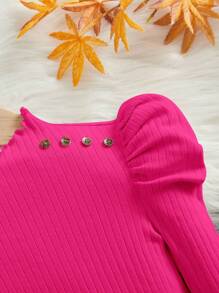 SHEIN Leap Crew 女小童小高領羊腿袖紐扣細節T恤 - 玫紅色 - 查看 3