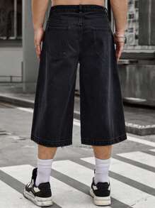 Manfinity Homme 男款鬆身貓鬍鬚洗水寬腿牛仔褲，修身長褲，深色帶口袋黑色休閒時尚男友禮物 - 黑色 - 查看 2