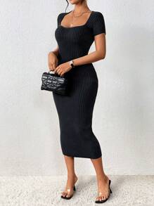 Chiquease 雞心領口條紋針織毛衣洋裝 - 黑色 - 查看 5