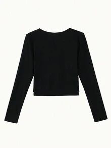 素色缺口領短款T恤 - 黑色 - 查看 2