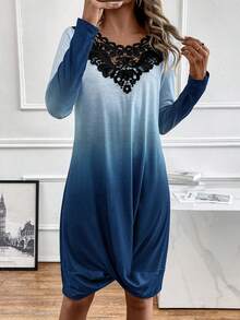 SHEIN LUNE 蕾絲拼接扭結下擺漸層洋裝 - 藍白色 - 查看 5