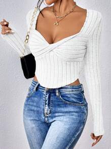SHEIN Essnce Twist Front Sweetheart Neck Tee - White - View 3