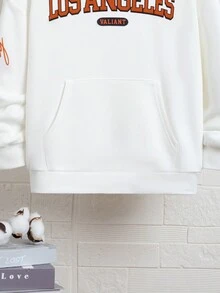 SHEIN 青少年男孩字母图案袋鼠口袋落肩卫衣 - 白色 - 查看 4