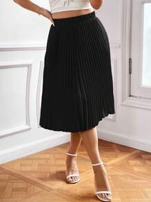 SHEIN Privé Hơn Chất rắn Chân Váy xếp ly - màu đen - Xem 5