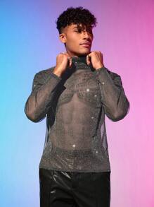 FeverCity Men High Neck Glitter Mesh Tee - Dark Grey - View 3