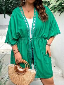 SHEIN VCAY Plus Contrast Lace Drawstring Waist Kimono - Green - View 5