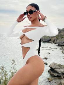 SHEIN SXY Off Shoulder Cut Out Bodysuit - White - View 4