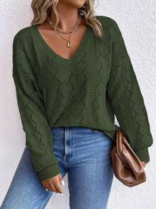 SHEIN LUNE Plus Pointelle Knit Drop Shoulder Sweater, Winter Knit Pullover Fall Autumn - Dark Green - View 4