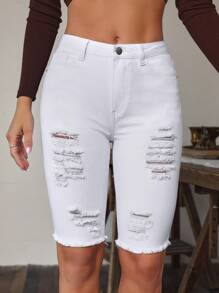 Ripped Raw Hem Biker Denim Shorts - White - View 4