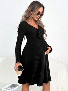 SHEIN Thai sản Nút phía trước Đan Xương sườn Đầm - màu đen - Xem 3