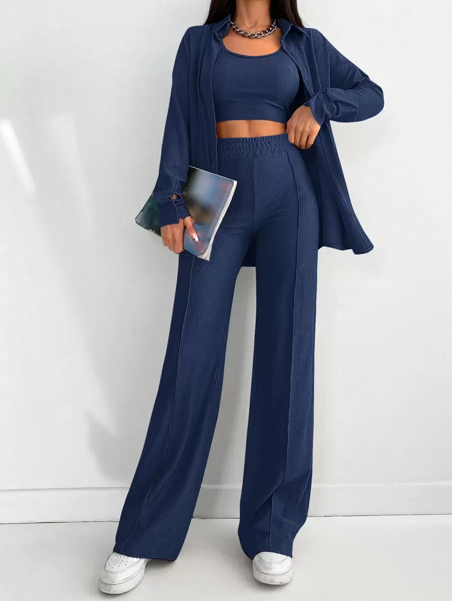 1pc Solid Button Front Shirt & 1pc Wide Leg Pants - Blue - View 1
