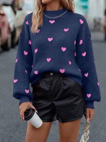 SHEIN LUNE Heart Pattern Mock Neck Drop Shoulder Knit Pullover Fall Winter Sweater - Royal Blue - View 3