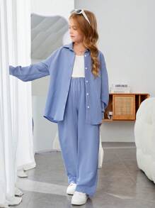 SHEIN Leap Crew 女大童1入組標語圖案落肩袖襯衫&1入組闊腿褲 - 淺藍色 - 查看 3