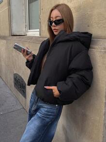 DAZY Zip Up Drawstring Hem Crop Padded Thick Pockets Coat, Women Winter Coat Jacket - Black - View 6