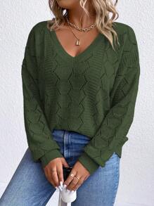 SHEIN LUNE Plus Pointelle Knit Drop Shoulder Sweater, Winter Knit Pullover Fall Autumn - Dark Green - View 5