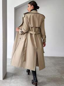 SHEIN Essnce Contrast Piping Double Breasted Belted Trench Coat - Khaki - View 2