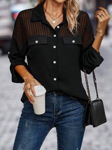 SHEIN LUNE Lưới tương phản Tay áo cuộn Áo sơ mi - màu đen - Xem 3