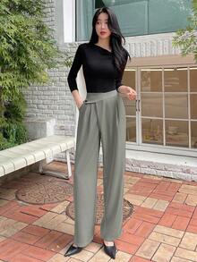 DAZY Pantalones rectos con fruncido - Verde militar - Ver 3