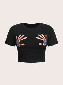 SHEIN EZwear 大碼手掌圖案短款T恤 - 黑色 - 查看 1