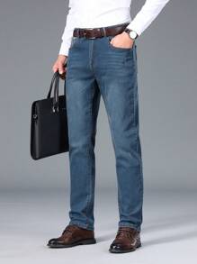Manfinity Mode Men Slant Pocket Straight Leg Jeans Without Belt - Blue - View 1