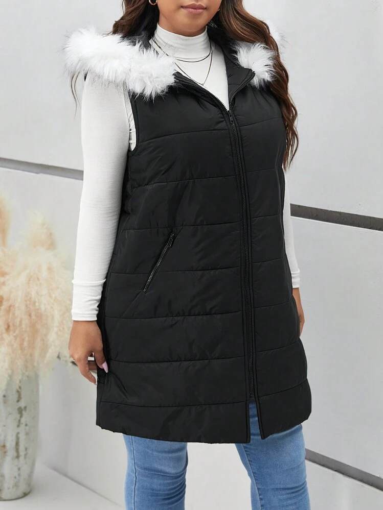 SHEIN Frenchy Talla grande Abrigo chaleco acolchado ribete lanudo con capucha - Negro - Añade 6