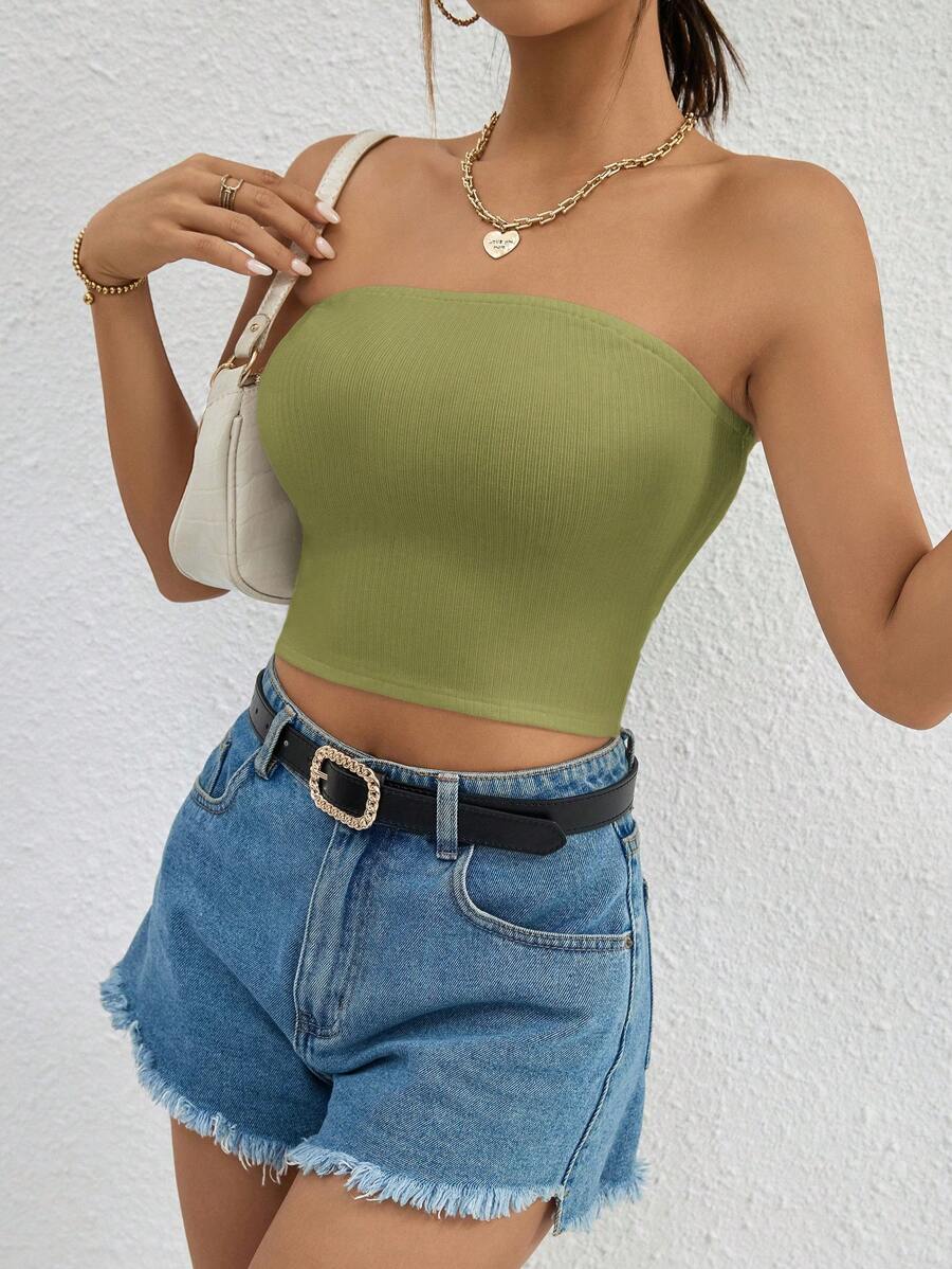 SHEIN Essnce Solid Crop Tube Top - Army Green - View 1