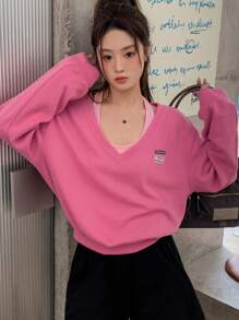 DAZY 字母貼布落肩袖二合一運動衫 - 粉色 - 查看 3