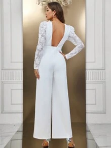 SHEIN Belle 蕾絲拼接闊腿連體褲