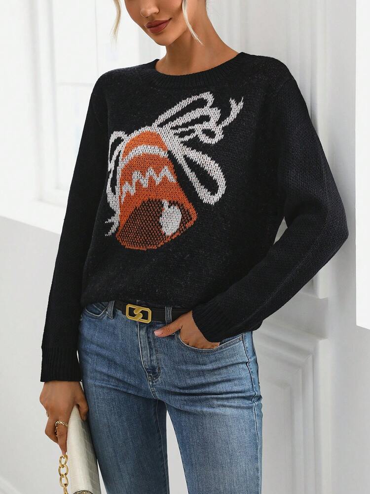 Bell Pattern Drop Shoulder Knit Pullover Fall Winter Sweater
