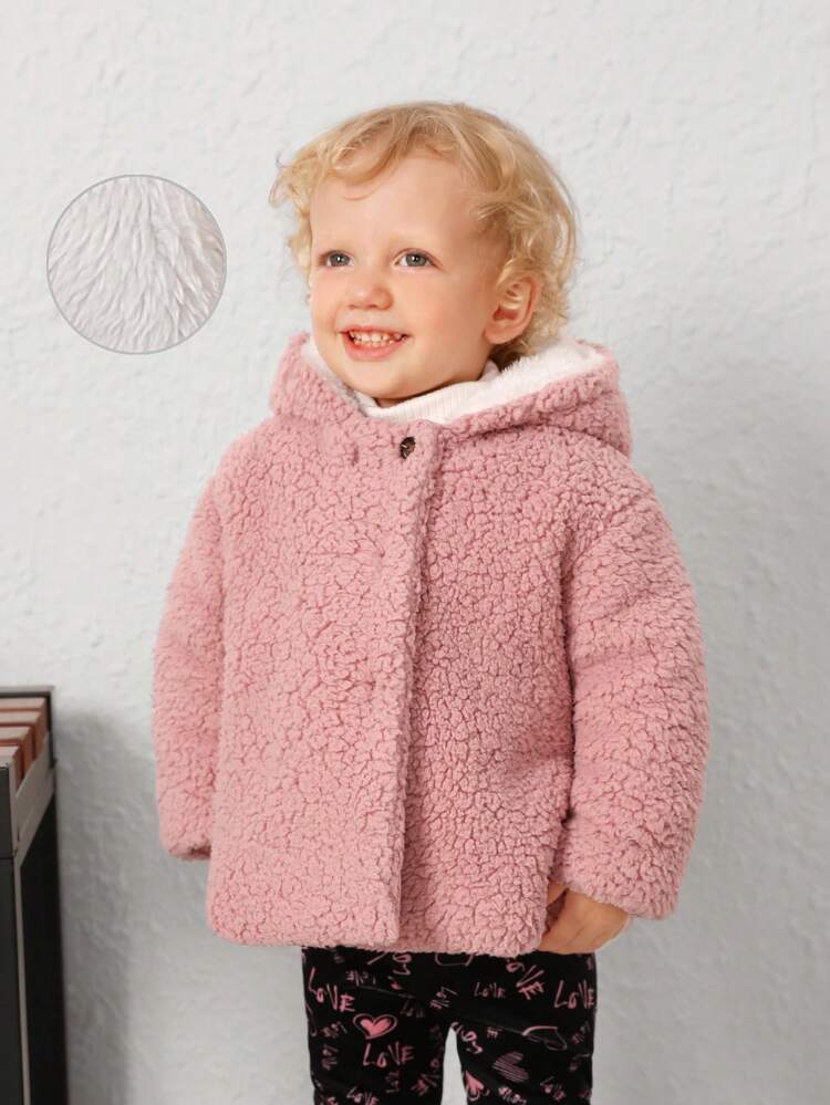 Baby Girl Solid Button Front Hooded Teddy Jacket